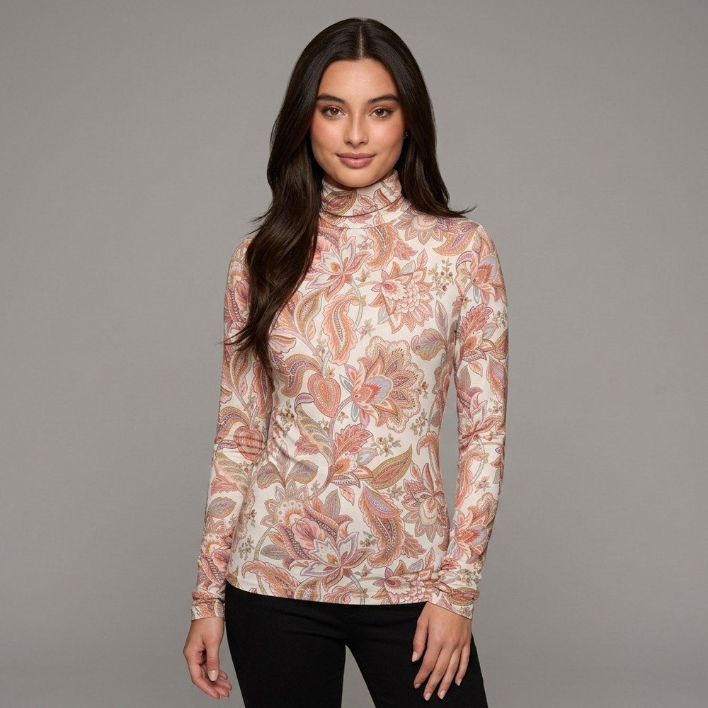 Zimmermann Paisley Floral Turtleneck‎ Top Pink Orange Size 0 Long Sleeve Zipper